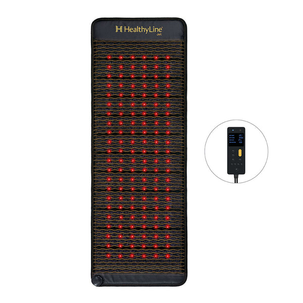 Jet Series - PEMF Far Infrared Heating Mats | HealthyLine showing a black heating mat with red infrared lights and a digital control panel, designed for body care and wellness recovery.