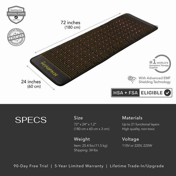 Jet Series - PEMF Far Infrared Heating Mats | HealthyLine showing a rectangular black heating mat measuring 72 by 24 inches with diamonds emitting infrared light, designed for wellness and recovery with advanced EMF shielding technology.