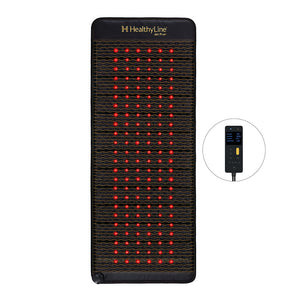 Jet Series - PEMF Far Infrared Heating Mats | HealthyLine showing a sleek black heating mat with red infrared lights and a digital remote for customizable wellness therapy and body care.