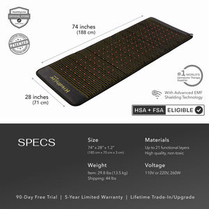 Jet Series - PEMF Far Infrared Heating Mats | HealthyLine featuring a large black heated wellness mat with embedded red gemstones, advanced EMF shielding, and detailed product dimensions and specifications.