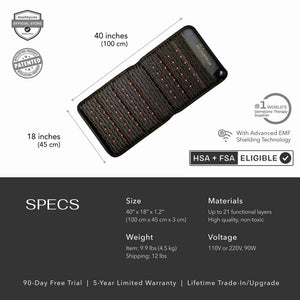 Jet Series - PEMF Far Infrared Heating Mats | HealthyLine showing dimensions, weight, material layers, voltage, and warranty details for wellness and recovery use.