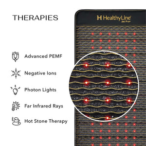 Close-up view of the Jet Chair - PEMF Far Infrared Heating Mat | HealthyLine showing red photon lights and listing therapies including advanced PEMF, negative ions, photon lights, far infrared rays, and hot stone therapy for wellness and recovery.