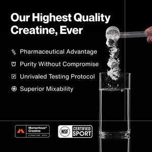 Hand holding a scoop of Creatine 15-Travel Packs powder being poured into a clear glass of water, highlighting pharmaceutical quality, purity, rigorous testing, and superior mixability for wellness supplements.