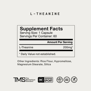 Supplement facts for Nightly Sleep Stack showing 200mg of L-Theanine per capsule, with additional ingredients including rice flour, hypromellose, magnesium stearate, and silica.