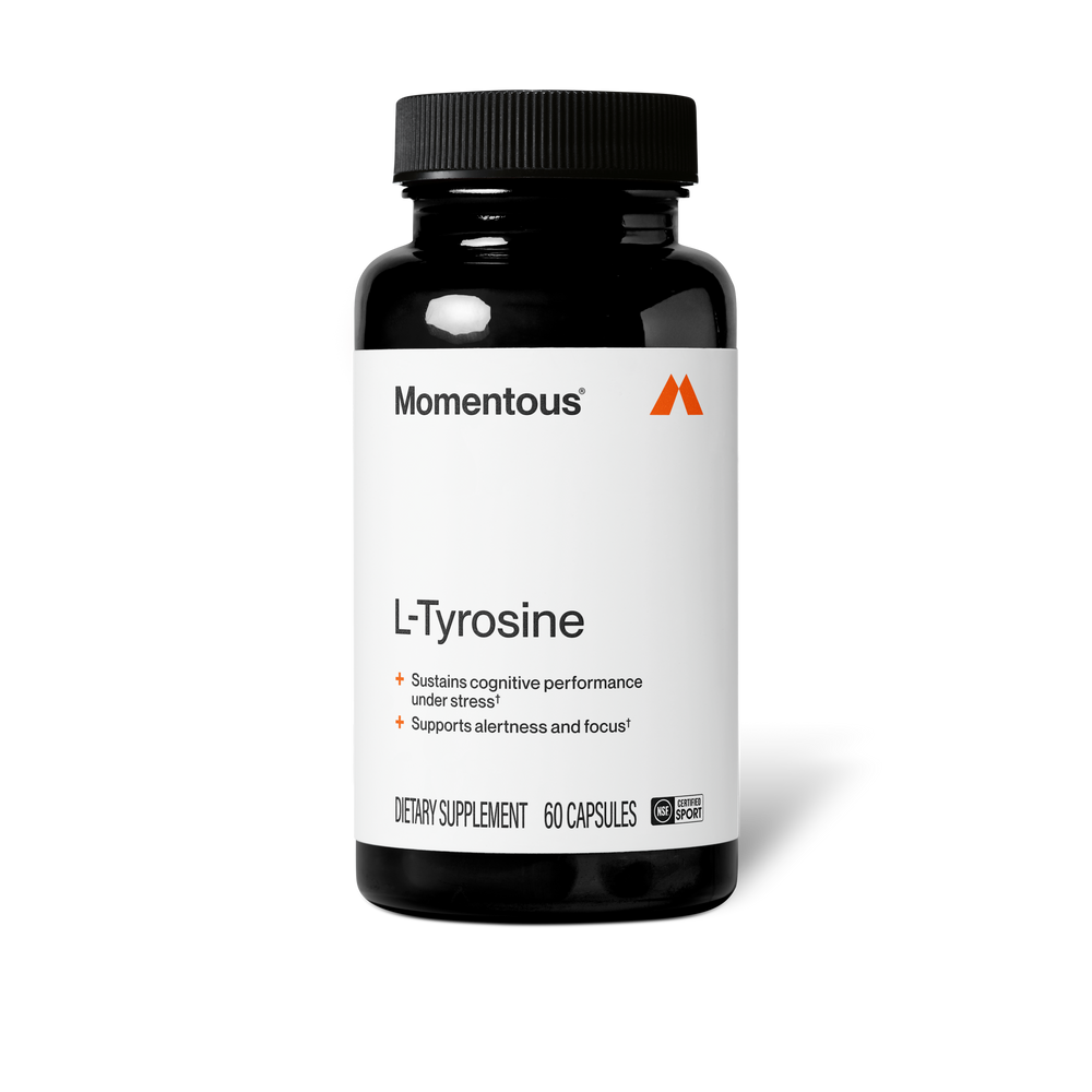 Tyrosine bottle with a black cap and white label featuring the words L Tyrosine and 60 capsules