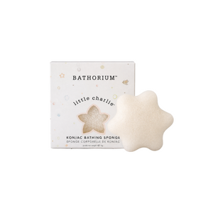 little charlie™ Konjac Sponge | Bathorium box beside a star-shaped konjac bathing sponge for gentle skincare