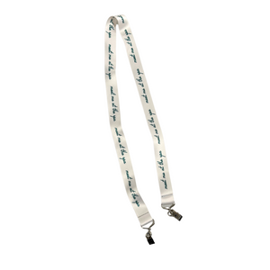 Meet Me at The Spa Clip Lanyard | Live Love Spa features a white fabric strap with teal script text and metal clips, ideal for holding spa or wellness accessories.