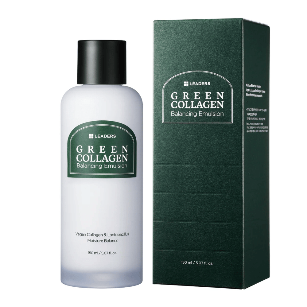 Bottle and box of Green Collagen Balancing Emulsion | Leaders, a skincare product designed to promote moisture balance with vegan collagen and lactobacillus.