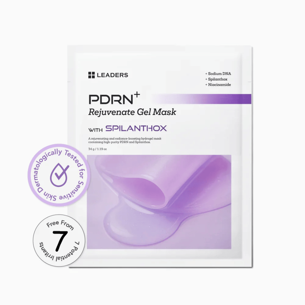 Package of PDRN+ Rejuvenate Gel Mask | Leaders featuring a purple-tinted gel mask, highlighting skin-friendly ingredients and dermatologically tested formula for skincare.