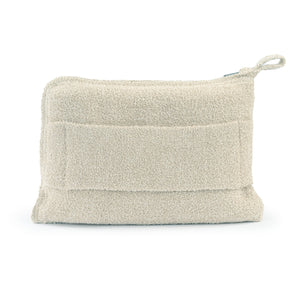 Soft beige textured travel pouch with a loop handle, part of the Travel Set (Blanket, Socks, Eyemask, Bag) | Kashwére, designed for convenient and stylish portability.