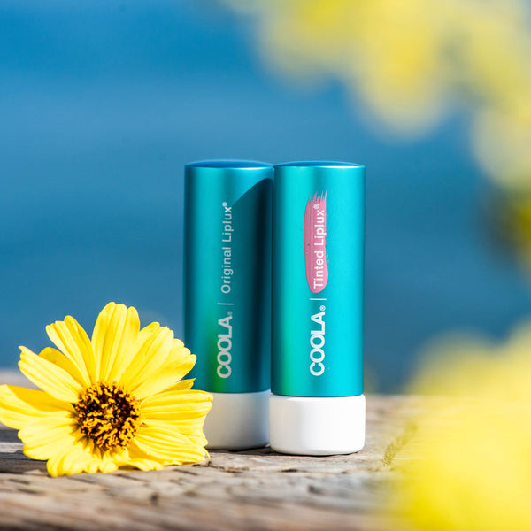 Two teal lip balm tubes labeled COOLA Original Liplux and Tinted Liplux placed on a wooden surface near yellow flowers, showcasing Classic Liplux® Lip Balm Tinted SPF 30 | COOLA for skincare and sun protection.