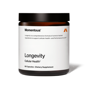 A brown jar with a black lid containing 90 capsules of the dietary supplement Longevity, designed to support cellular health with science-backed ingredients.