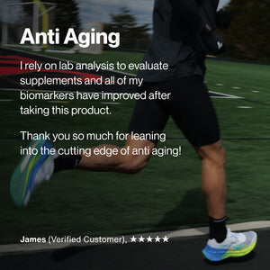 A close-up of a person running on a track wearing athletic shoes and shorts, with an overlay of a testimonial praising the Longevity product for its positive effects on anti aging and biomarker improvement.