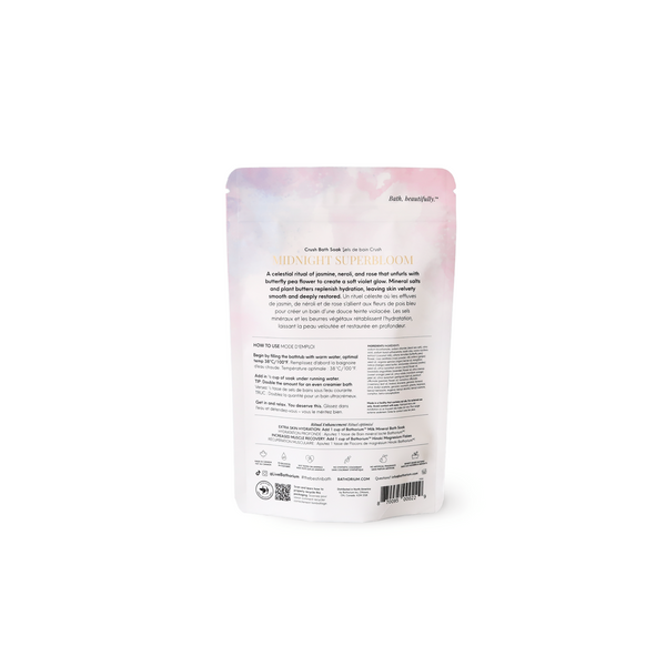 Back of Midnight Superbloom Crush | Bathorium pouch showing product information, ingredients, directions, and barcode on a soft pastel background