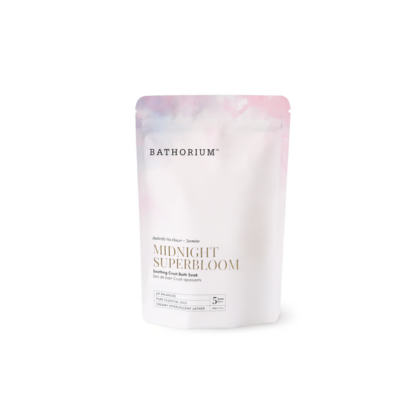 Midnight Superbloom Crush | Bathorium soothing bath soak in a pastel pink and lavender stand up pouch for a relaxing wellness routine