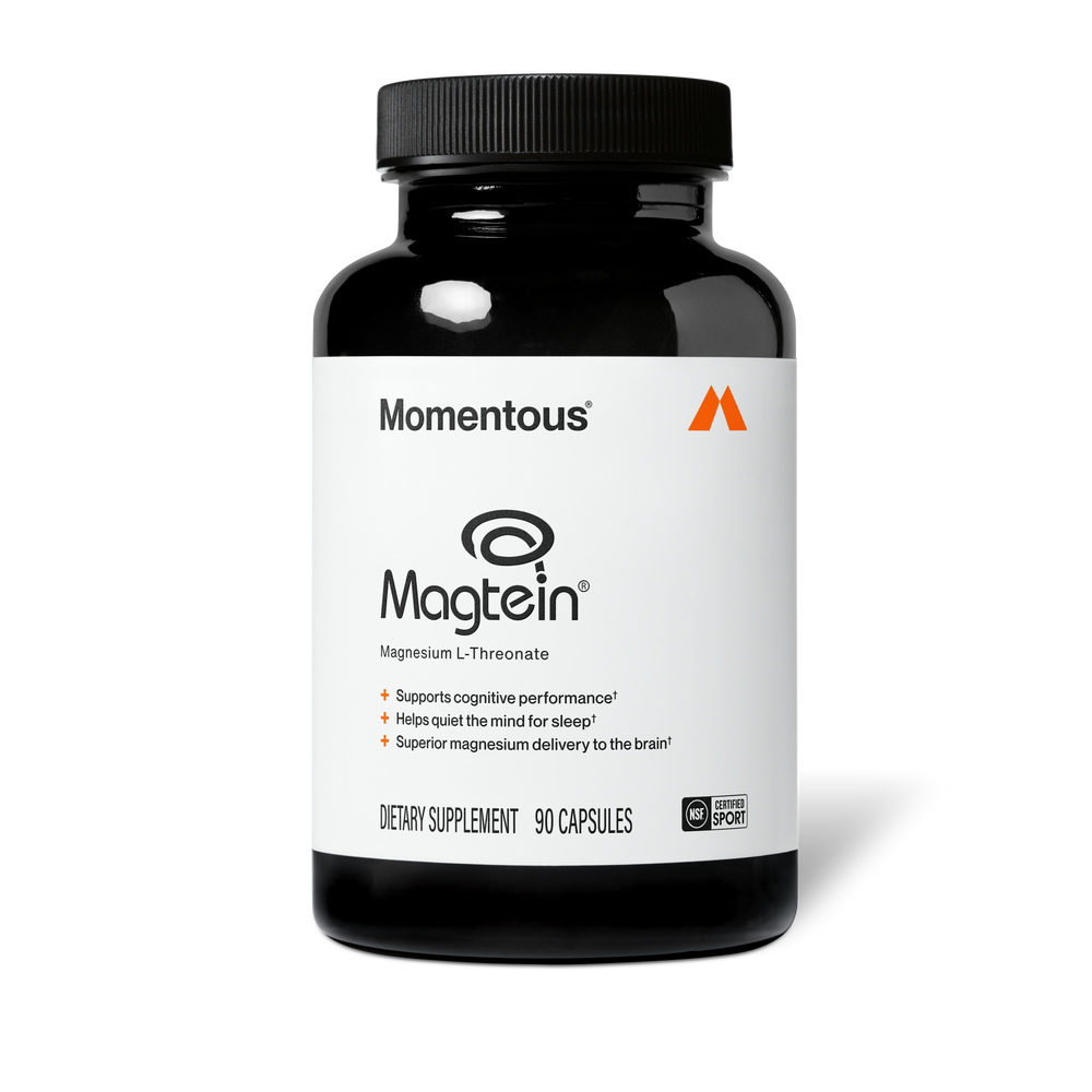 Black bottle of Magnesium L-Threonate dietary supplement with white label featuring brand name Momentous, benefits for cognitive performance and sleep support, containing 90 capsules.