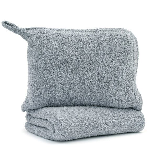Light blue chenilla fabric travel blanket with matching compact pouch, showcasing the soft texture of Travel Blankets - Solid - Chenilla Fine™ | Kashwére, ideal for wellness and comfort on the go.