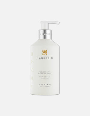 Bottle of Ageless Aloe Moisture Wash | Zents in a white pump container with Mandarin scent, designed for skincare and body care.