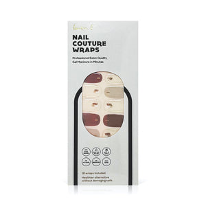 Packaging of Gel Nail Wrap | Lauren B. Beauty featuring beige and brown abstract design wraps, promoting professional salon quality gel manicure at home with a healthy alternative to nail polish.