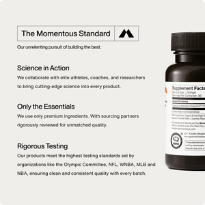 Partial view of a Ubiquinol supplement bottle next to text highlighting the product’s commitment to premium ingredients, collaboration with athletes and researchers, and rigorous testing standards.