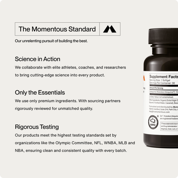 Partial view of a Ubiquinol supplement bottle next to text highlighting the product’s commitment to premium ingredients, collaboration with athletes and researchers, and rigorous testing standards.