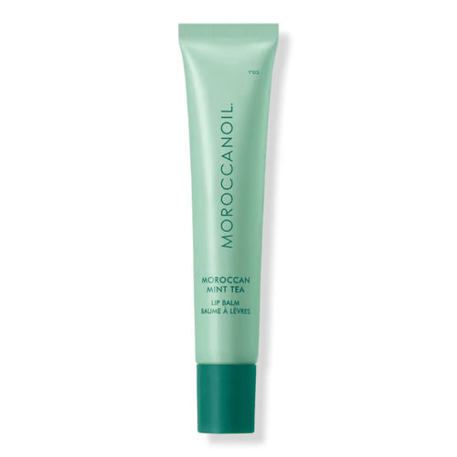 Argan Butter Lip Balm | Moroccanoil in a green tube with Moroccan Mint Tea scent, designed for skincare and lip hydration.