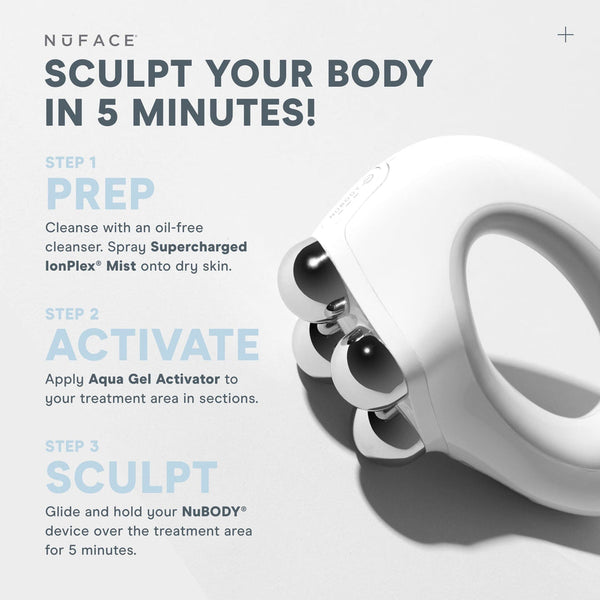 NuBODY® | NuFACE body contouring device shown with instructions to cleanse skin, apply Aqua Gel Activator, and sculpt body in 5 minutes for skincare and wellness.