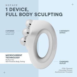 White NuBODY® | NuFACE device featuring four spheres for full body sculpting with microcurrent technology, adjustable intensity levels, and a charging outlet for skincare and body toning.