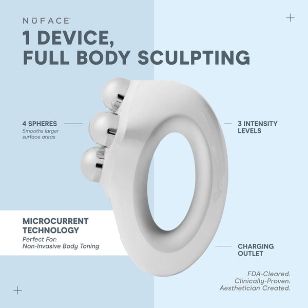 White NuBODY® | NuFACE device featuring four spheres for full body sculpting with microcurrent technology, adjustable intensity levels, and a charging outlet for skincare and body toning.