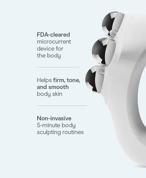 Close-up of the NuBODY® | NuFACE microcurrent device showing its three metal spheres, highlighting its FDA-cleared, non-invasive technology designed to help firm, tone, and smooth body skin in short sculpting routines.