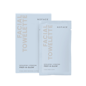 Pack of Prep-N-Glow® | NuFACE exfoliating and hydrating facial towelettes with five dual-sided cloths in branded light blue packaging for skincare use.