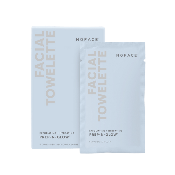 Pack of Prep-N-Glow® | NuFACE exfoliating and hydrating facial towelettes with five dual-sided cloths in branded light blue packaging for skincare use.