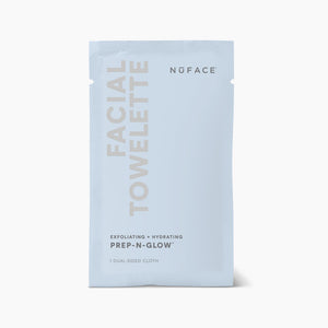Single-use facial towelette packet labeled Prep-N-Glow® | NuFACE for exfoliating and hydrating skin, featuring a clean, minimalist design on a light background.