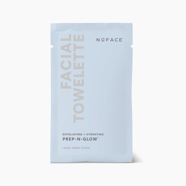 Single-use facial towelette packet labeled Prep-N-Glow® | NuFACE for exfoliating and hydrating skin, featuring a clean, minimalist design on a light background.