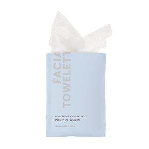 Open packet of Prep-N-Glow® | NuFACE facial towelette showing textured exfoliating and hydrating cloth for skincare and body care wellness.