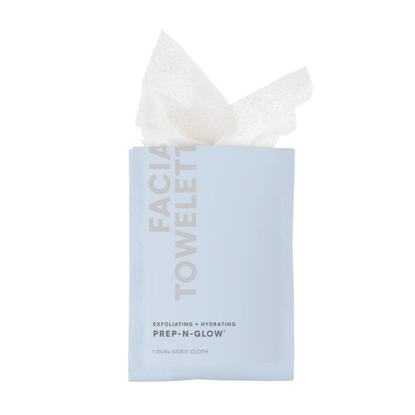 Open packet of Prep-N-Glow® | NuFACE facial towelette showing textured exfoliating and hydrating cloth for skincare and body care wellness.