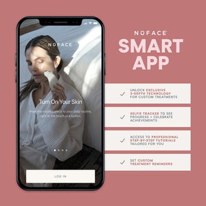 Smartphone displaying the NuFACE app with a woman using a skincare device on her face, alongside text highlighting smart app features for the Trinity+ Pro | NuFACE including custom treatments, selfie tracker, tutorials, and reminders.