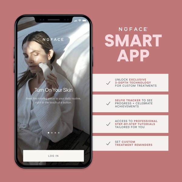 Smartphone displaying the NuFACE app with a woman using a skincare device on her face, alongside text highlighting smart app features for the Trinity+ Pro | NuFACE including custom treatments, selfie tracker, tutorials, and reminders.