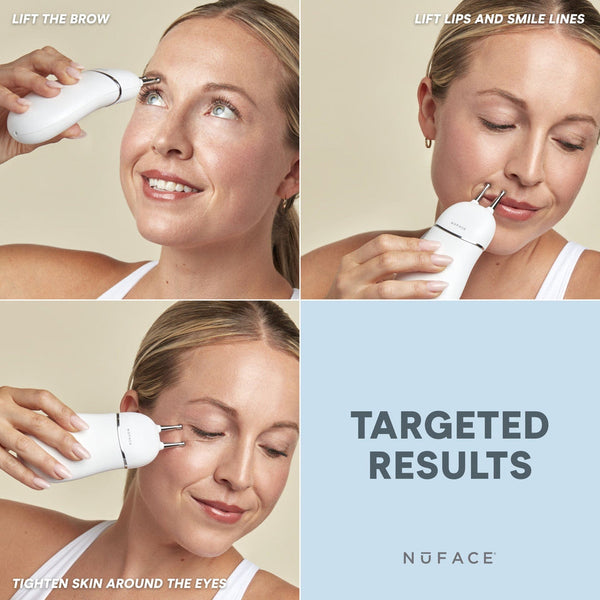 Woman demonstrating the TRINITY+ Effective Lip & Eye Attachment | NuFACE on different areas of her face to lift brows, lift lips and smile lines, and tighten skin around the eyes for targeted skincare results.