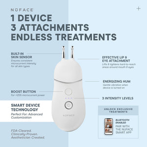 White handheld NuFACE device with a power button, boost button, and dual metal attachment tips, highlighting features like built-in skin sensor, three intensity levels, energizing hum, and Bluetooth connectivity for the TRINITY+ Effective Lip & Eye Attachment | NuFACE.