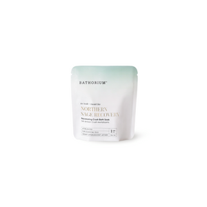 Northern Sage Recovery Crush | Bathorium white resealable pouch featuring a Northern Sage Recovery Crush Bath Soak for relaxing body care and wellness.