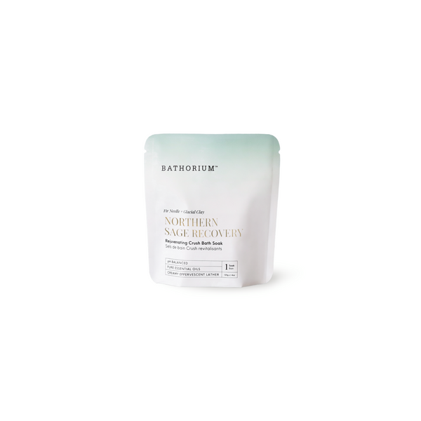 Northern Sage Recovery Crush | Bathorium white resealable pouch featuring a Northern Sage Recovery Crush Bath Soak for relaxing body care and wellness.