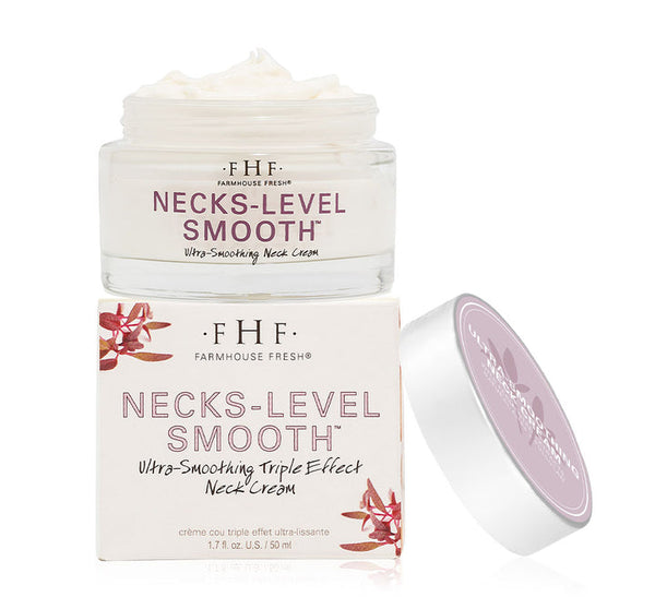 Jar and packaging of Necks-Level Smooth™ Cream | Farmhouse Fresh ultra-smoothing triple effect neck cream for skincare and body care, shown with a visible creamy texture inside the jar