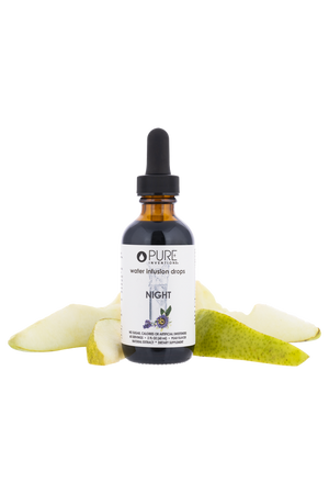 Bottle of Night Water Infusion Drops | Pure Inventions with a dropper lid, surrounded by fresh pear slices, highlighting skincare and wellness supplement benefits.