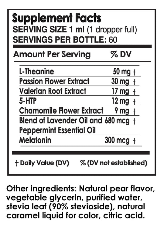 Supplement facts for Night Water Infusion Drops | Pure Inventions showing natural ingredients including L-Theanine, Passion Flower, Valerian Root, 5-HTP, Chamomile, Lavender and Peppermint oils, Melatonin, and natural flavorings.