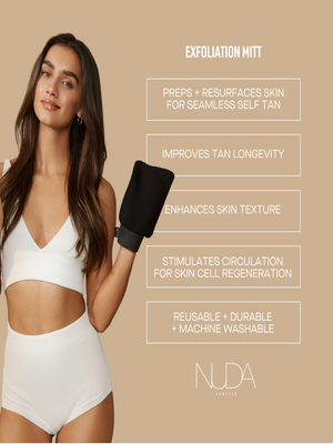 Woman wearing white ribbed crop top and high-waisted bottoms demonstrating the black Exfoliating Mitt | NUDA on her hand, with text highlighting benefits like prepping skin for self-tan, improving tan longevity, enhancing texture, stimulating circulation, and being reusable and machine washable.