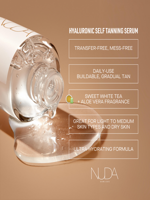 Clear serum pouring from an open bottle of Hyaluronic Self Tanning Serum | NUDA on a tan surface, highlighting its hydrating, transfer-free formula with sweet white tea and aloe vera fragrance for light to medium skin types.