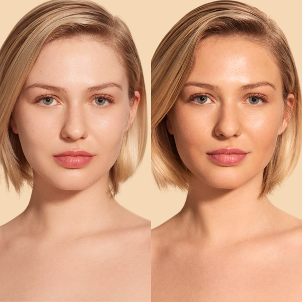 Before and after comparison of a woman’s face showing a natural tan glow after using Hyaluronic Self Tanning Serum | NUDA, highlighting smooth, radiant skin and subtle bronzing.