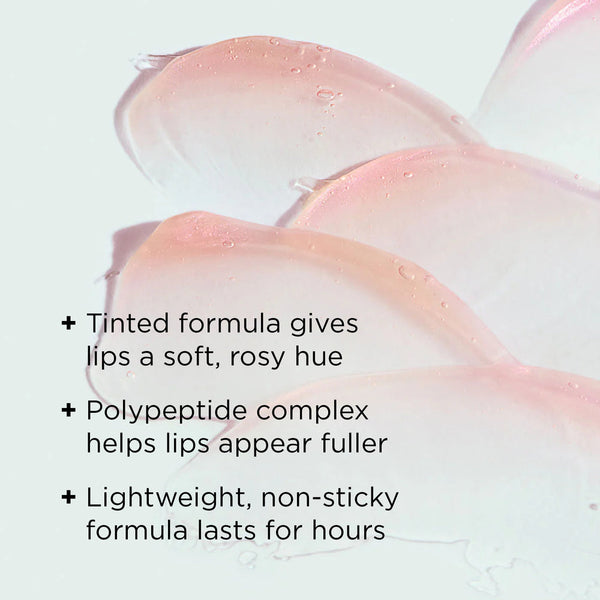 Close-up of glossy pink tinted lip enhancement complex with benefits text highlighting a rosy hue, fuller lips from polypeptide complex, and lightweight, non-sticky formula by ORMEDIC sheer pink lip enhancement complex | IMAGE Skincare.