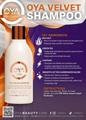 Bottle of Velvet Shampoo | OYA displayed alongside information on key ingredients including sea kelp, green tea, and caffeine, highlighting benefits for hair nourishment, scalp hydration, and color vibrancy.